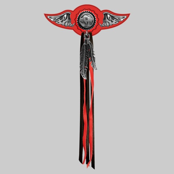 Buffalo Nickel – leather rivet-on wing with pewter motif - with feathers, red washer, black and red tassels