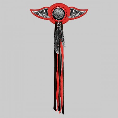 Buffalo Nickel – leather rivet-on wing with pewter motif - with feathers, red washer, black and red tassels