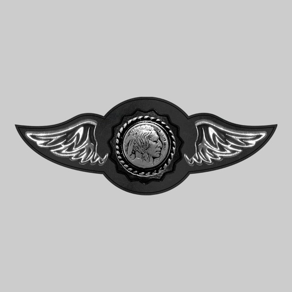 Indian Head Nickel – leather rivet-on wing with pewter motif - without feathers, black washer