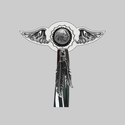 Indian Head Nickel – leather rivet-on wing with pewter motif - with feathers, white washer, black and white tassels