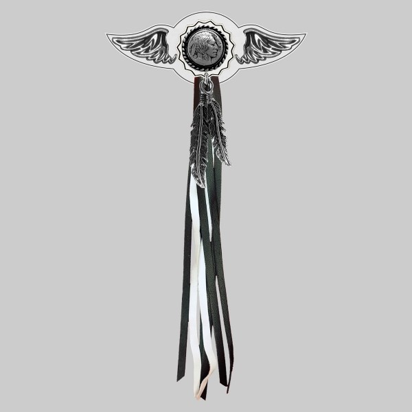 Indien 5 cents – aile à riveter cuir et motif étain - avec plumes, rondelle blanche, franges noires et blanches