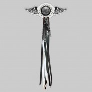 Indien 5 cents – aile à riveter cuir et motif étain - avec plumes, rondelle blanche, franges noires et blanches
