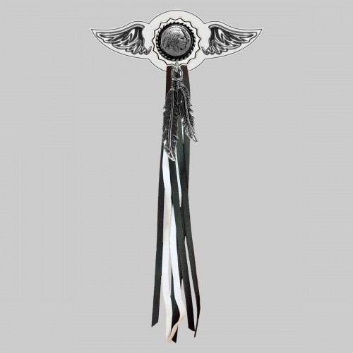 Indian Head Nickel – leather rivet-on wing with pewter motif - with feathers, white washer, black and white tassels