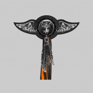 Loup – aile à riveter cuir et motif étain - avec plumes, rondelle noire, franges noires et orange
