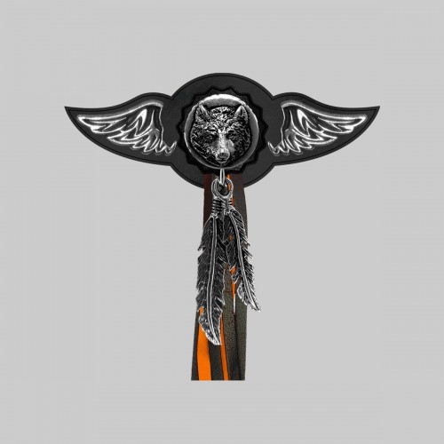 Wolf – leather rivet-on wing with pewter motif - with feathers, black washer, black and orange tassels