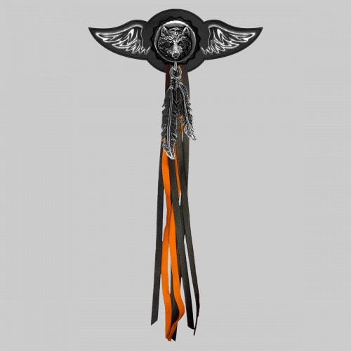 Wolf – leather rivet-on wing with pewter motif - with feathers, black washer, black and orange tassels