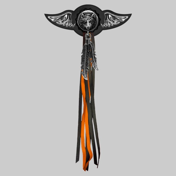 Loup – aile à riveter cuir et motif étain - avec plumes, rondelle noire, franges noires et orange