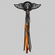 Loup – aile à riveter cuir et motif étain - avec plumes, rondelle noire, franges noires et orange