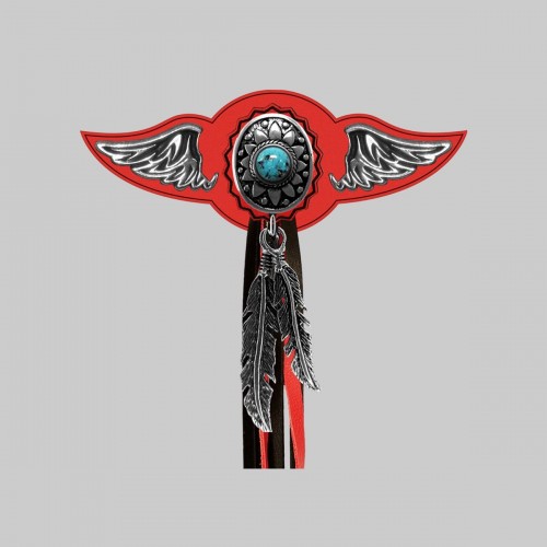 Concho ovale turquoise – aile à riveter cuir et motif étain - avec plumes, rondelle rouge, franges noires et rouges