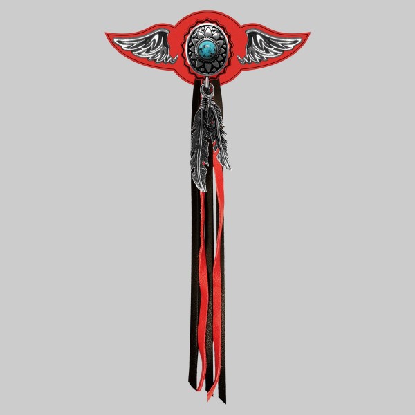 Concho ovale turquoise – aile à riveter cuir et motif étain - avec plumes, rondelle rouge, franges noires et rouges