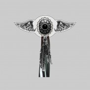 Concho ovale onyx – aile à riveter cuir et motif étain - avec plumes, rondelle blanche, franges noires et blanches
