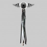 Concho ovale onyx – aile à riveter cuir et motif étain - avec plumes, rondelle blanche, franges noires et blanches