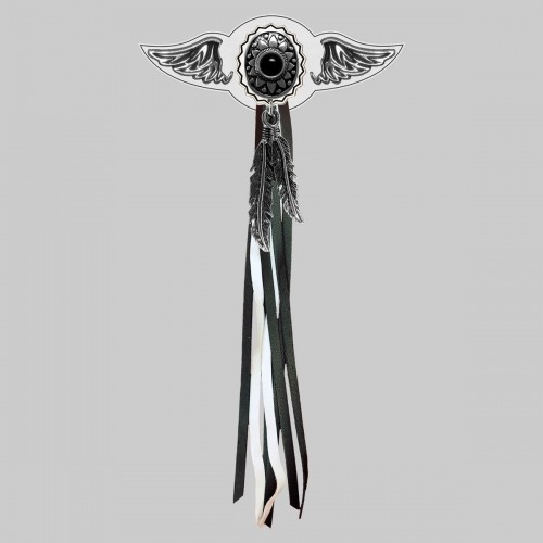 Oval Onyx Concho – leather rivet-on wing with pewter motif - with feathers, white washer, black and white tassels