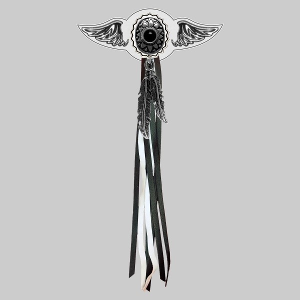 Concho ovale onyx – aile à riveter cuir et motif étain - avec plumes, rondelle blanche, franges noires et blanches