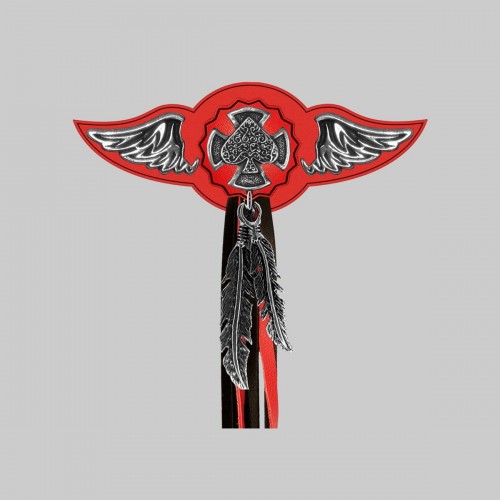 Ace of Spades Cross – leather rivet-on wing with pewter motif - with feathers, red washer, black and red tassels