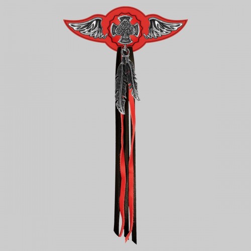 Ace of Spades Cross – leather rivet-on wing with pewter motif - with feathers, red washer, black and red tassels
