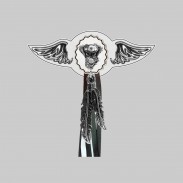 Moteur V-Twin ovale – aile à riveter cuir et motif étain - avec plumes, rondelle blanche, franges noires et blanches