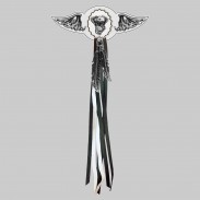 Moteur V-Twin ovale – aile à riveter cuir et motif étain - avec plumes, rondelle blanche, franges noires et blanches