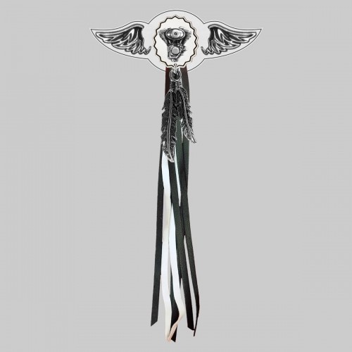 Oval V-Twin Engine – leather rivet-on wing with pewter motif - with feathers, white washer, black and white tassels