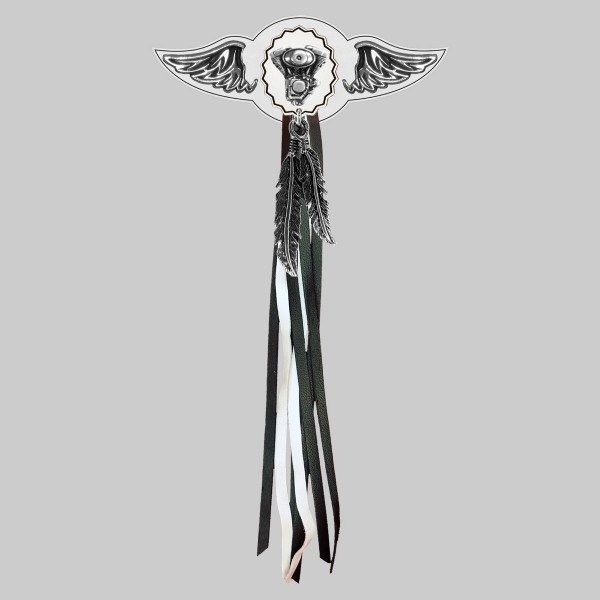 Moteur V-Twin ovale – aile à riveter cuir et motif étain - avec plumes, rondelle blanche, franges noires et blanches