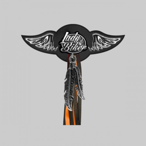 Lady Biker – leather rivet-on wing with pewter motif - with feathers, black washer, black and orange tassels