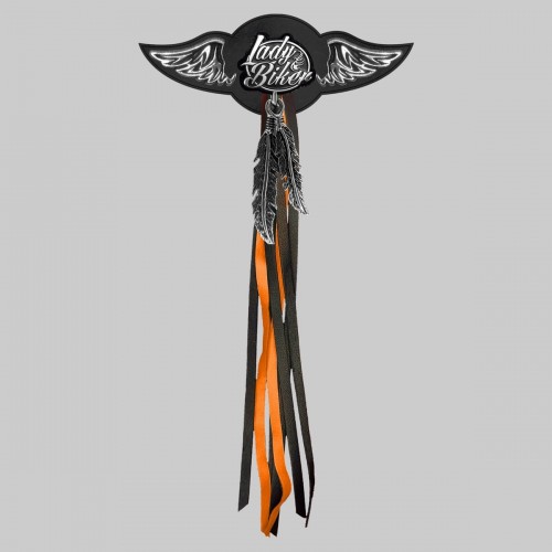 Lady Biker – leather rivet-on wing with pewter motif - with feathers, black washer, black and orange tassels