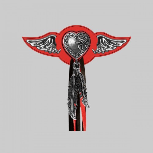Heart and Rose – leather rivet-on wing with pewter motif - with feathers, red washer, black and red tassels