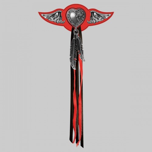 Heart and Rose – leather rivet-on wing with pewter motif - with feathers, red washer, black and red tassels