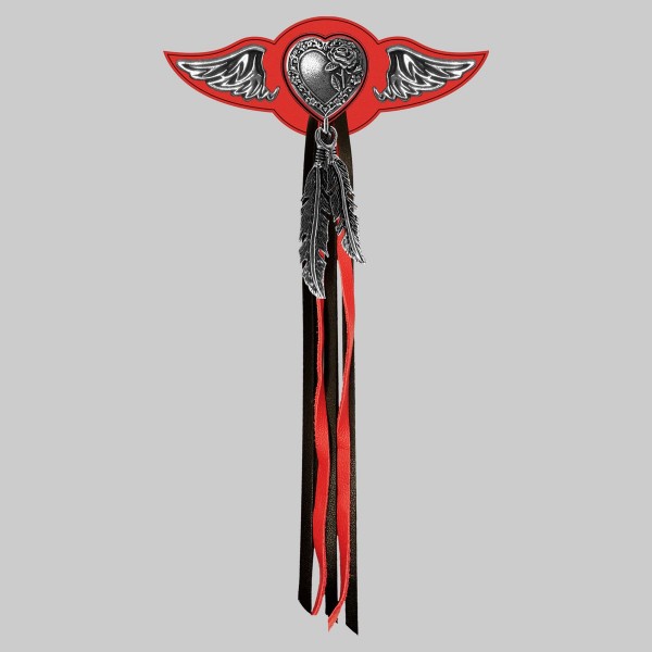 Heart and Rose – leather rivet-on wing with pewter motif - with feathers, red washer, black and red tassels
