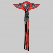 Cœur et rose – aile à riveter cuir et motif étain - avec plumes, rondelle rouge, franges noires et rouges