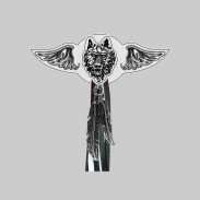 Tête de loup – aile à riveter cuir et motif étain - avec plumes, rondelle blanche, franges noires et blanches