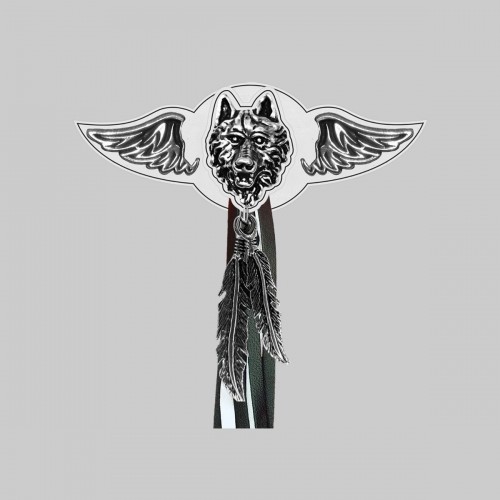 Wolf Head – leather rivet-on wing with pewter motif - with feathers, white washer, black and white tassels
