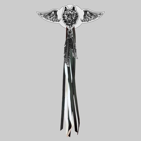 Wolf Head – leather rivet-on wing with pewter motif - with feathers, white washer, black and white tassels