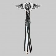 Tête de loup – aile à riveter cuir et motif étain - avec plumes, rondelle blanche, franges noires et blanches