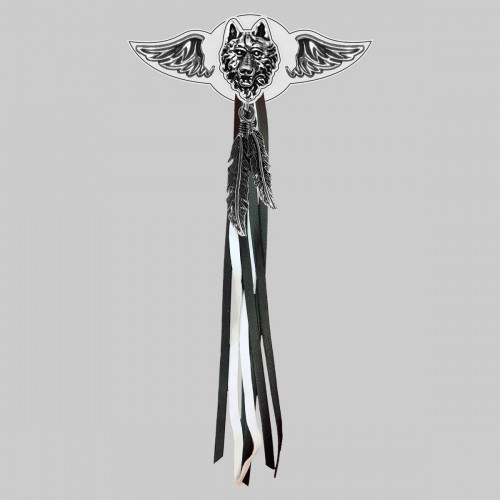 Wolf Head – leather rivet-on wing with pewter motif - with feathers, white washer, black and white tassels