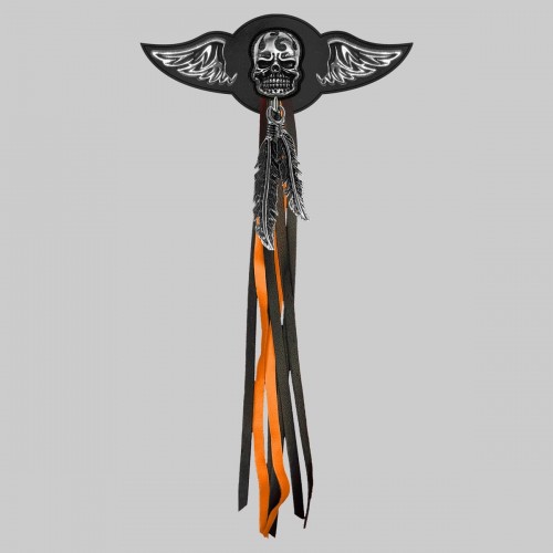 Tribal Skull – leather rivet-on wing with pewter motif - with feathers, black washer, black and orange tassels
