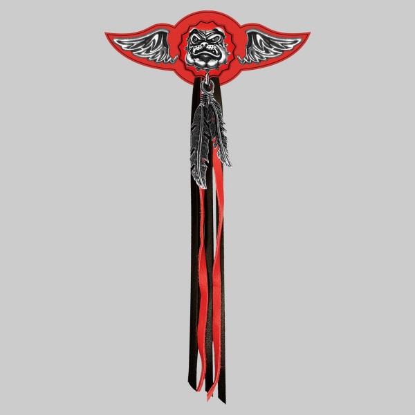 Bulldog – aile à riveter cuir et motif étain - avec plumes, rondelle rouge, franges noires et rouges