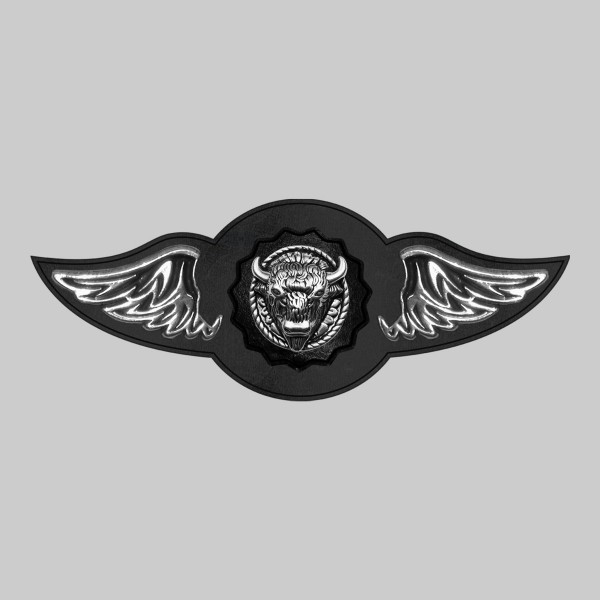 Tête de bison – aile à riveter cuir et motif étain - sans plumes, rondelle noire