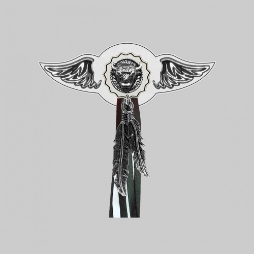 Bison Head – leather rivet-on wing with pewter motif - with feathers, white washer, black and white tassels