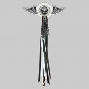 Tête de bison – aile à riveter cuir et motif étain - avec plumes, rondelle blanche, franges noires et blanches
