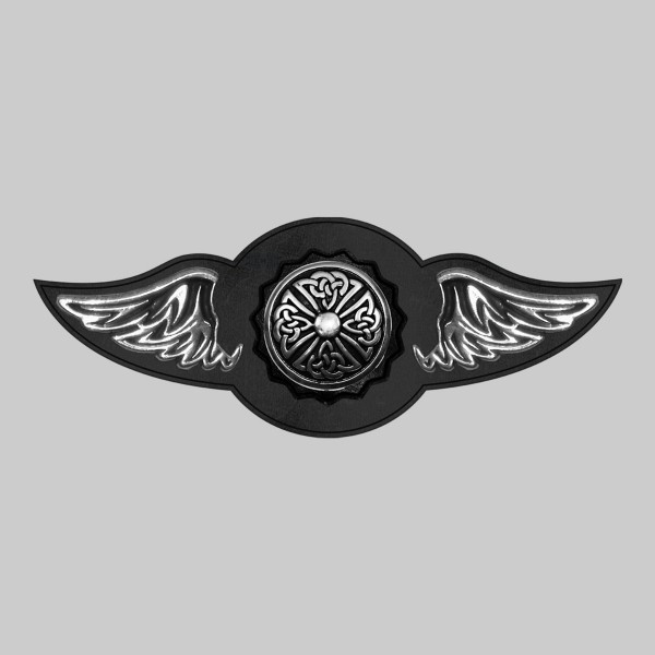 Celtic Cross – leather rivet-on wing with pewter motif - without feathers, black washer