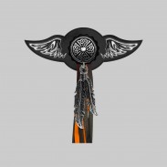 Croix celtique – aile à riveter cuir et motif étain - avec plumes, rondelle noire, franges noires et orange