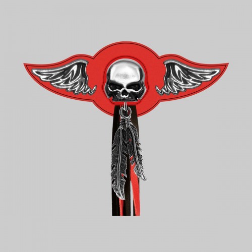 Skull – leather rivet-on wing with pewter motif - with feathers, red washer, black and red tassels