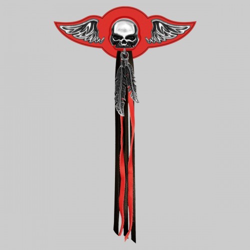 Skull – leather rivet-on wing with pewter motif - with feathers, red washer, black and red tassels