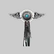 Concho turquoise – aile à riveter cuir et motif étain - avec plumes, rondelle blanche, franges noires et blanches