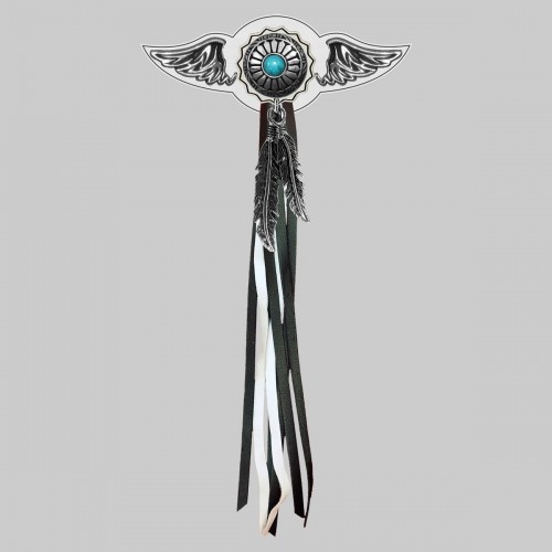 Turquoise Concho – leather rivet-on wing with pewter motif - with feathers, white washer, black and white tassels