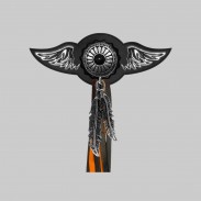 Concho onyx soleil – aile à riveter cuir et motif étain - avec plumes, rondelle noire, franges noires et orange