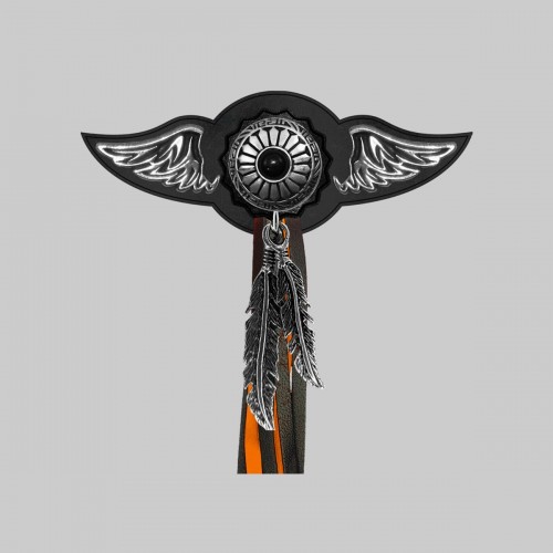 Onyx Sun Concho – leather rivet-on wing with pewter motif - with feathers, black washer, black and orange tassels