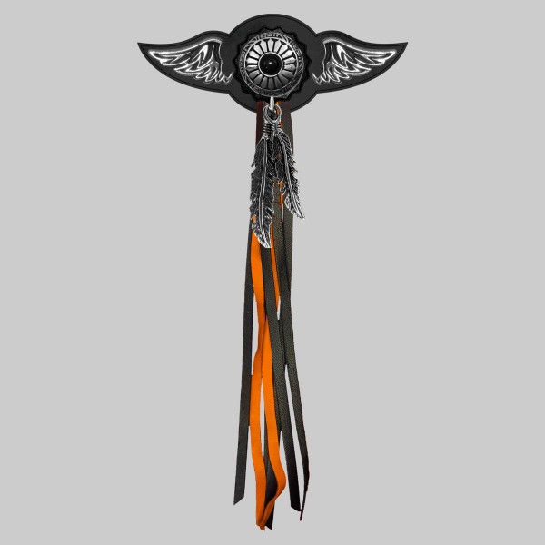 Onyx Sun Concho – leather rivet-on wing with pewter motif - with feathers, black washer, black and orange tassels
