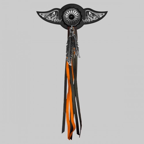 Onyx Sun Concho – leather rivet-on wing with pewter motif - with feathers, black washer, black and orange tassels
